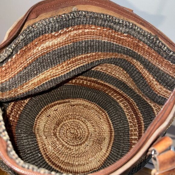 Vintage African Sisal Market Woven Bag Leather Handles & Strap Painted Giraffe - Picture 8 of 11